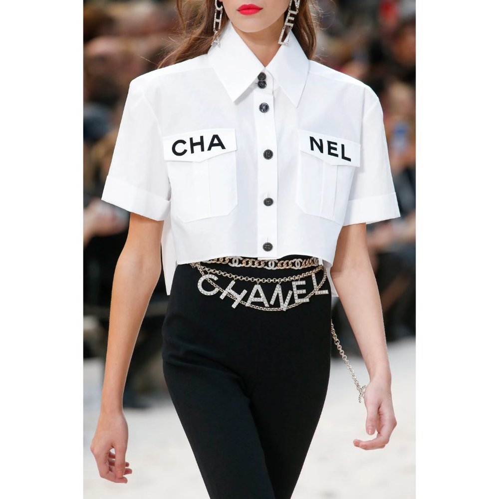 AUTH Chanel Karl Lagerfeld SS 2019 "BY THE SEA" Logo Pocket Crop Top Shirt FR 38